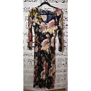 Rokoko Small Floral Wrap Midi Dress Navy Long Sleeve Tie Waist Boho Peasant EUC